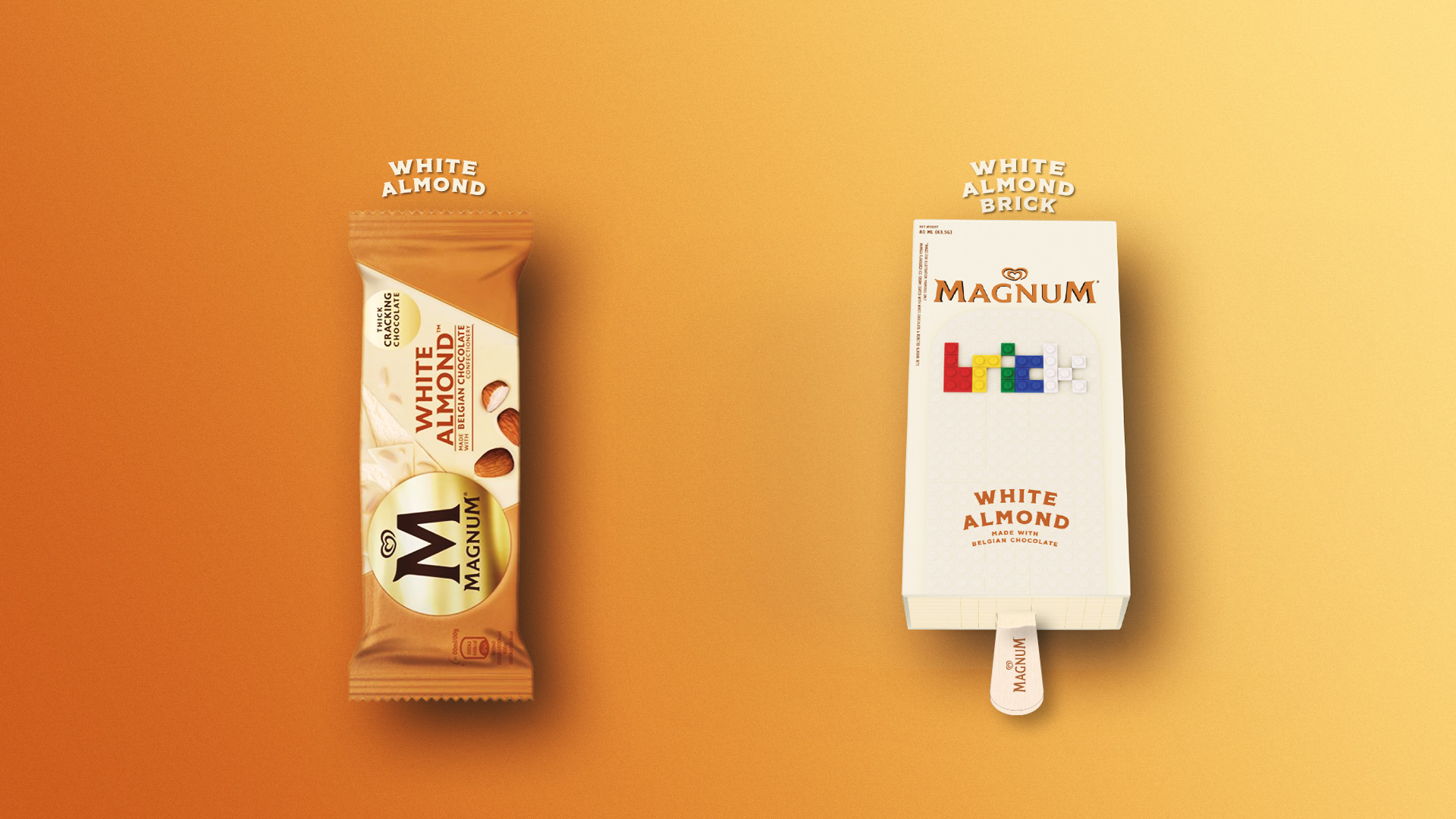 white almond flavour comparison of magnum ice cream bar with magnum ice cream brick