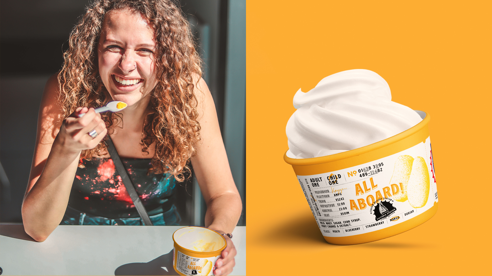 lady eating mango flavoured soft serve ice cream