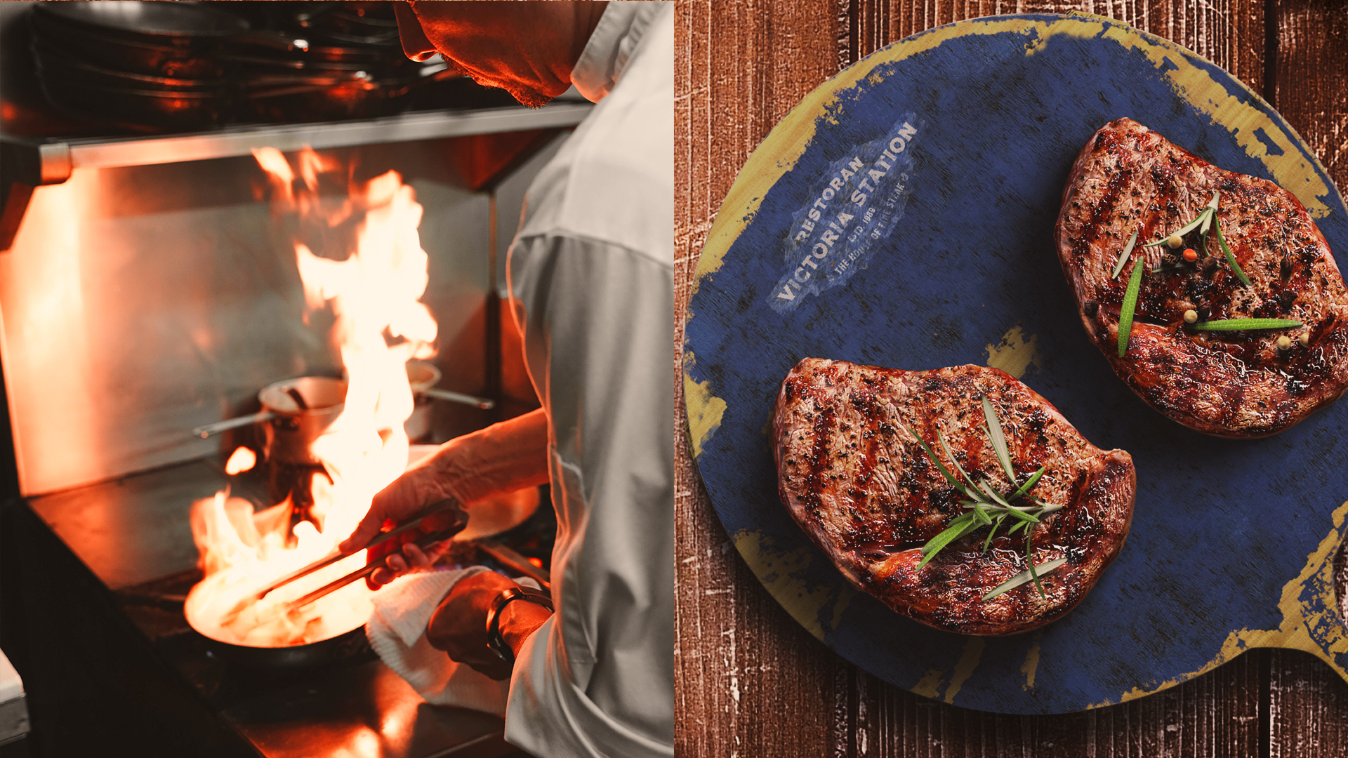 chef cooking steak and kept it on cutting board