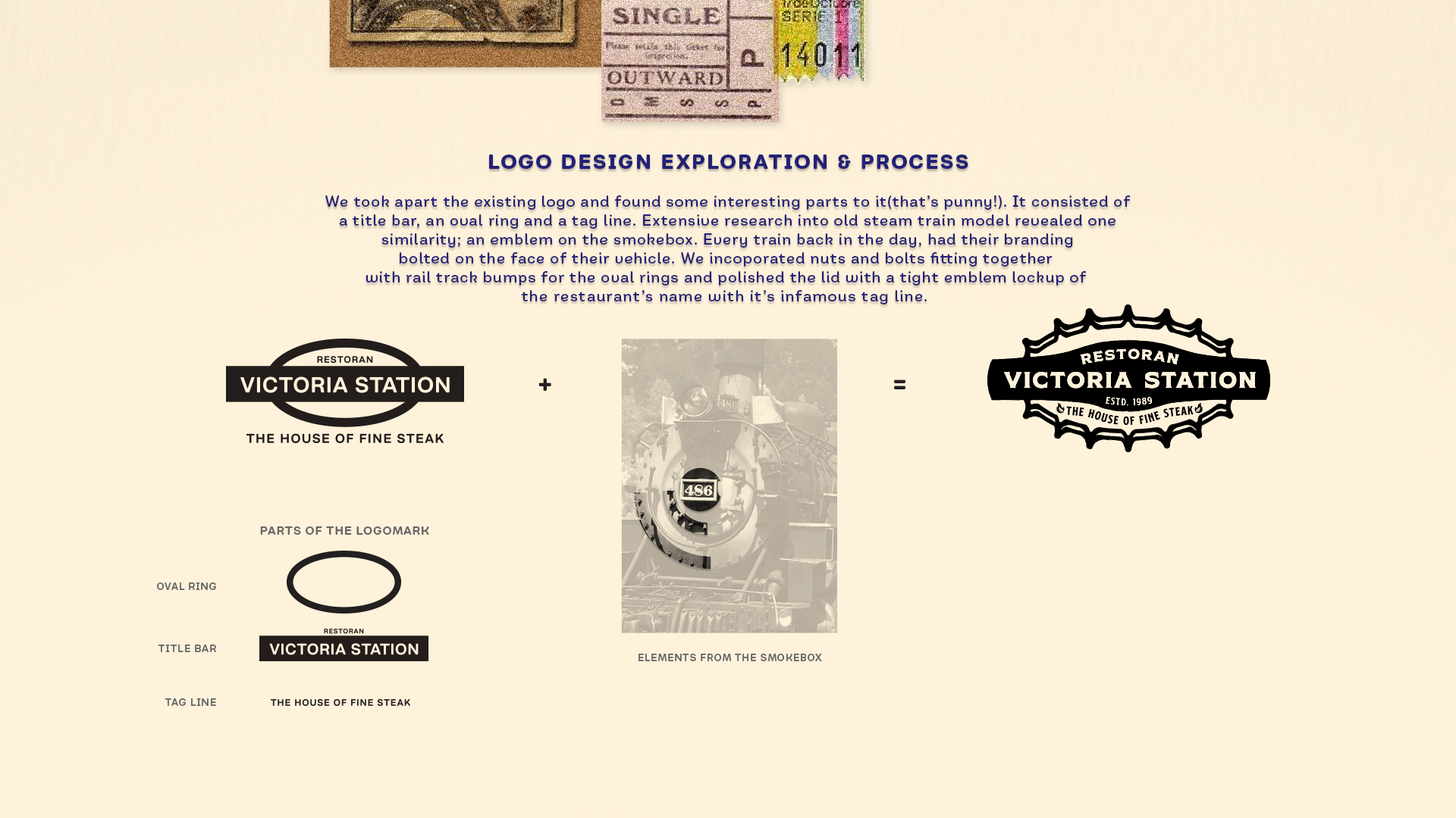 logo design process for restaurant using vintage elements from old steam locomotive