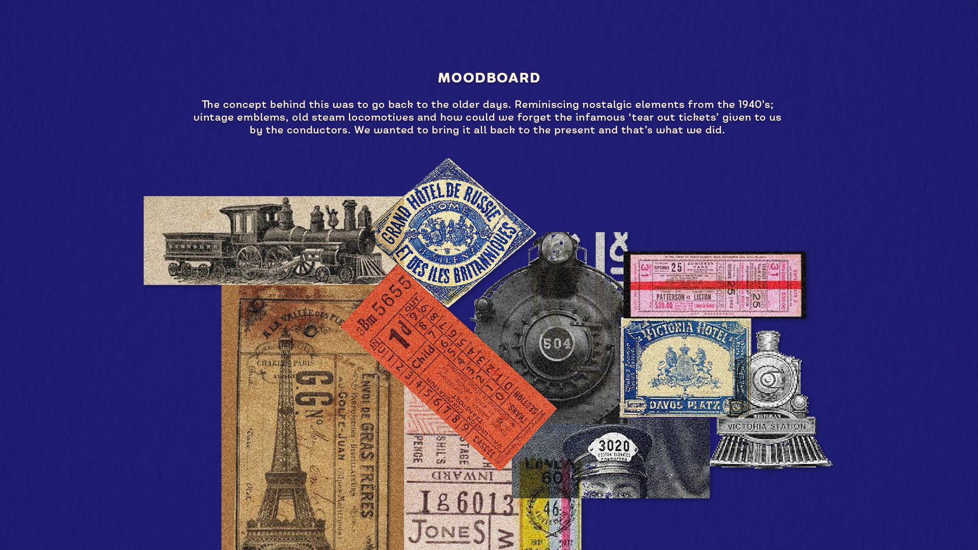 moodboard contains vintage elements of old steam locomotive, train tickets, stamp designs and others